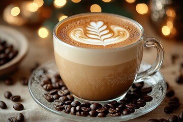Close-up of a glass cup filled with creamy latte decorated with leaf-shaped foam art, surrounded by roasted coffee beans on a textured surface with warm bokeh lights in the background