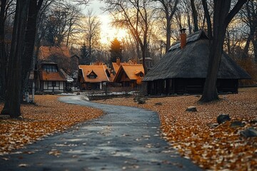 Winding paved path through an autumn forest leading to rustic wooden and thatched roof cottages at sunset with fallen leaves covering the ground