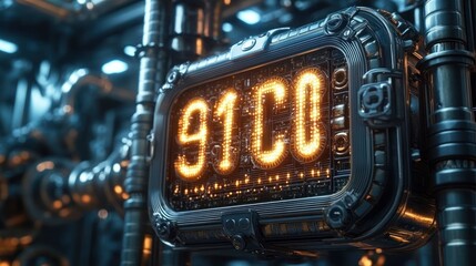 Close-up of a complex futuristic industrial machine with glowing alphanumeric lights displaying 91C0 surrounded by metallic pipes and intricate mechanical details