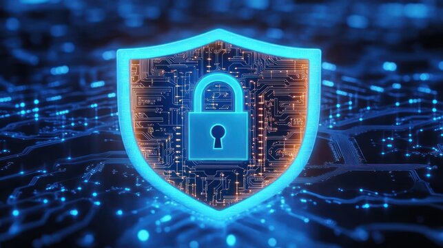 Glowing blue digital shield with a lock icon symbolizing cybersecurity protection over a circuit board background - Powered by Adobe