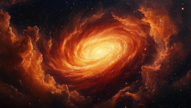 Bright glowing spiral galaxy with swirling orange and red cosmic clouds and sparkling stars in deep space