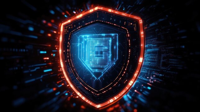 Futuristic digital shield glowing with blue and orange lights symbolizing cybersecurity protection in a tech environment