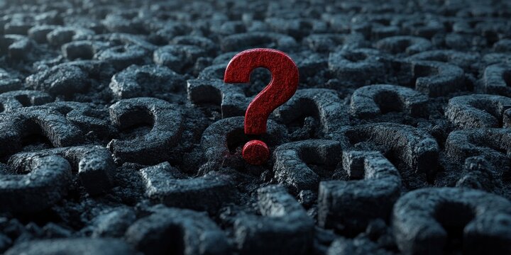 Red question mark standing out among numerous black stone question marks symbolizing confusion and inquiry