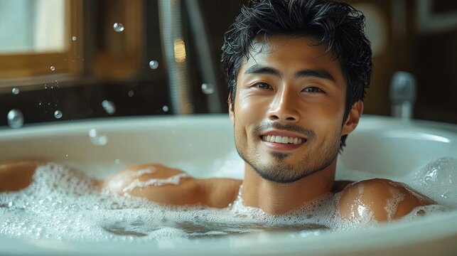 Smiling young man relaxing in a bubble bath with water droplets in a cozy indoor setting