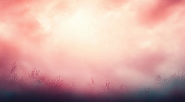 Soft glowing sunrise or sunset sky with mist over silhouetted tall grass creating a dreamy and peaceful atmosphere - Powered by Adobe