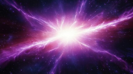 Obraz premium Bright white explosion or burst of energy in space surrounded by purple and pink gaseous clouds and scattered stars