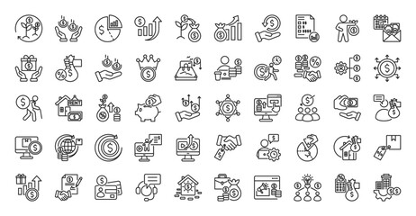 Earning icon set outline containing revenue generation, income stream, profit margin, sales growth, investment, capital gain, financial return, report, wage, salary, bonus, fee, commission, dividend