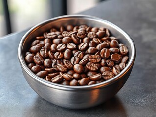 Fototapeta premium Close-up of roasted coffee beans filling a shiny metallic bowl on a smooth dark surface with soft natural light