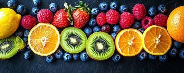 Assortment of fresh fruits including whole and sliced kiwi, oranges, lemons, strawberries, raspberries, and scattered blueberries on a dark surface