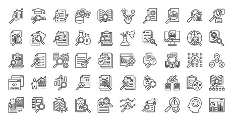 Research icon set outline containing academic, survey, design, data, collection, literature, review, hypothesis, testing, methodology, statistic, analysis, qualitative, quantitative, report, funding