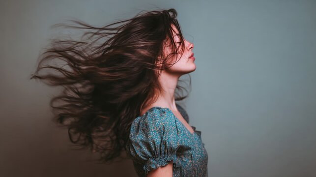 Young woman with flowing hair in profile, wearing a floral dress, captured in a moment of elegance and freedom against a soft blue background