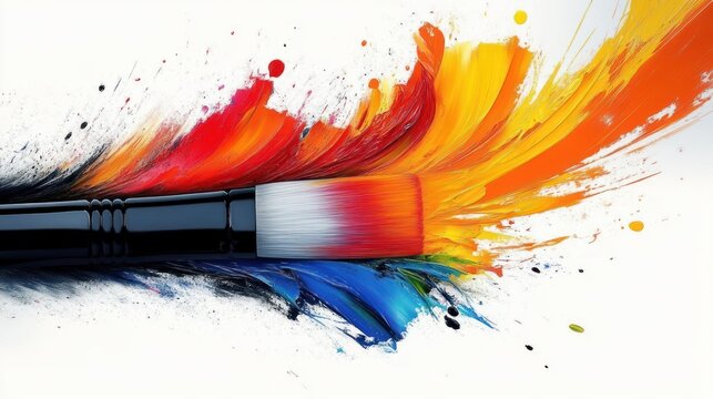 Close-up of a paintbrush with vibrant orange, yellow, red, blue, and green paint strokes spreading dynamically on white background
