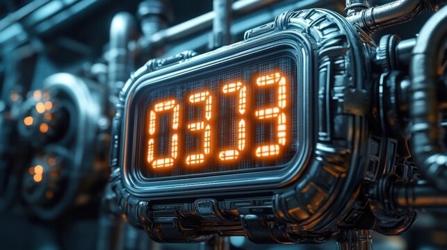 Close-up of a futuristic digital display showing orange glowing numbers encased in a metallic industrial frame with complex pipes and mechanical components
