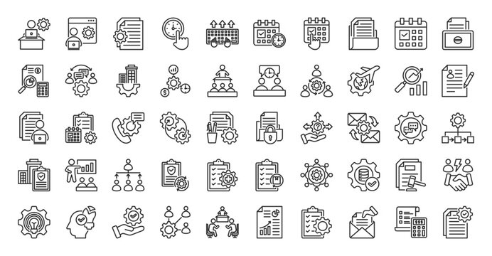 Administration icon set outline containing office, management, administrative, support, document, time, data entry, scheduling, file organization, event planning, record keeping, budget tracking
