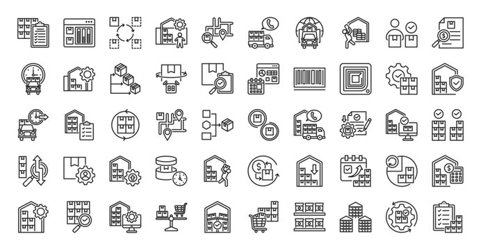 Inventory icon set outline containing management, stock level, rotation, warehouse, tracking, order fulfillment, supply chain, raw material, finished goods, valuation, just in time, replenishment
