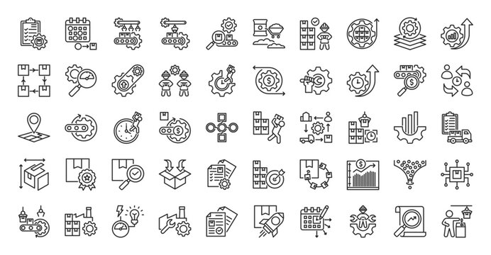 Production icon set outline containing planning, manufacturing process, assembly line, quality control, raw material, finished goods, capacity, continuous, efficiency, workflow optimization, schedule