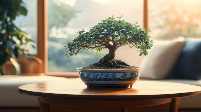 Small bonsai tree with lush green leaves in a decorative pot placed on a wooden round table bathed in warm natural sunlight with a blurred cozy interior background