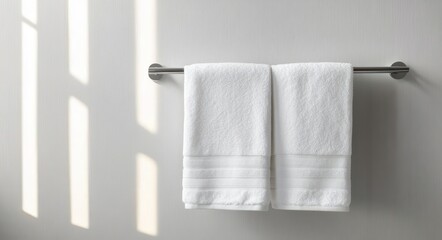 Obraz premium Two clean white towels neatly hanging side by side on a silver towel bar against a plain light grey wall with soft natural light casting window shadows