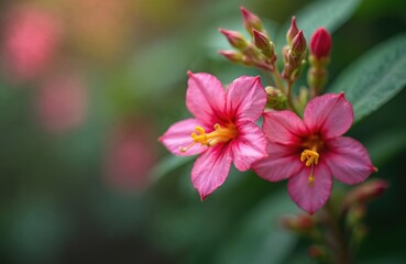 Pink Mirabilis jalapa flowers bloom. Two four o clock flowers open with bright yellow stamens. Closed buds sit on green stem. This hardy perennial plant thrives.