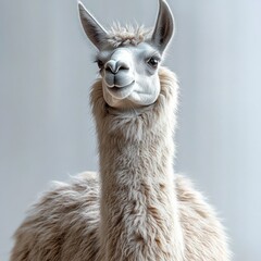 Naklejka premium close-up portrait of a fluffy light brown llama looking slightly to the side with a calm expression on a neutral background