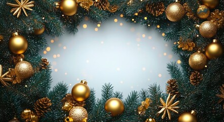 Festive Christmas wreath made of green pine branches decorated with golden baubles, pine cones, stars, and ornaments with warm glowing lights in the background