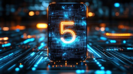Futuristic glowing number five displayed on a digital circuit board background with blue and orange neon lights and high-tech abstract elements