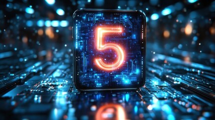 Glowing orange number five on a futuristic digital circuit board with blue neon lights and high-tech electronic elements surrounding it