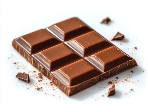 close-up of a partially broken milk chocolate bar with scattered chocolate crumbs on a white surface evoking a smooth and rich dessert feeling - Powered by Adobe