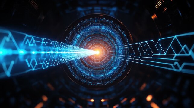 Futuristic digital tunnel with glowing blue holographic circuit patterns converging into a bright orange light at the center, symbolizing data transmission or high-tech energy flow