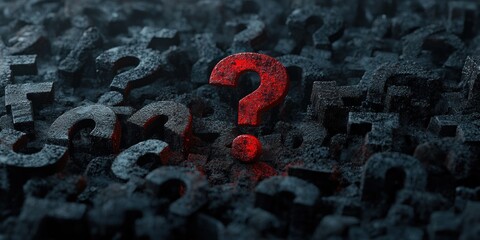 Dark textured surface filled with numerous black question marks surrounding a single glowing red question mark standing out in the center conveying mystery and inquiry
