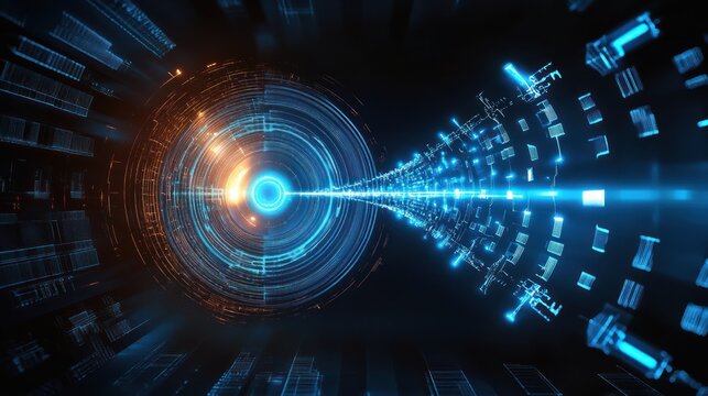 Futuristic glowing digital tunnel with circular interface elements and data streams in blue and orange hues conveying advanced technology and data flow