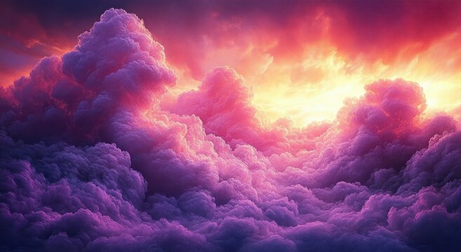 Vibrant sky filled with dense, colorful clouds in shades of purple and pink illuminated by a glowing yellow-orange sunset, evoking a serene and magical atmosphere