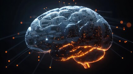 Futuristic digital brain with glowing orange circuits and network nodes representing artificial intelligence and advanced technology