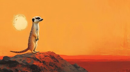 meerkat standing alert on rocky terrain at sunset with bright orange sky and sun in background