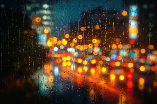City street lights and traffic blurred through a rain-covered window at night with reflections and glowing bokeh effects