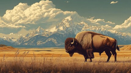 Large bison standing in dry grassland with snow-capped mountain range and dramatic cloudy sky in the background during daylight