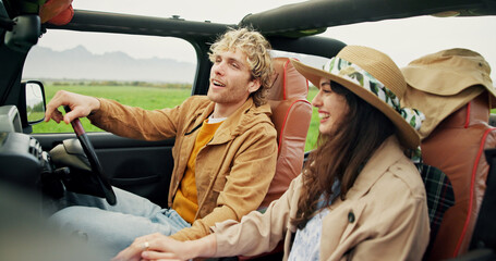 Travel, happy couple and driving in car for road trip, holiday adventure and sightseeing together. Support, people and weekend getaway in vehicle for countryside tourism, vacation journey and bonding