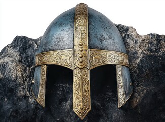 ornate medieval steel helmet with gold detailed engravings resting on dark textured rocks with a weathered metallic surface