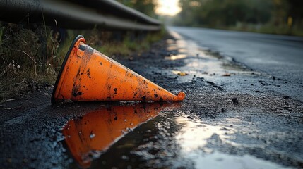Close-up of a dirty orange traffic cone lying on wet asphalt near a roadside guardrail with soft natural lighting and blurred greenery in the background