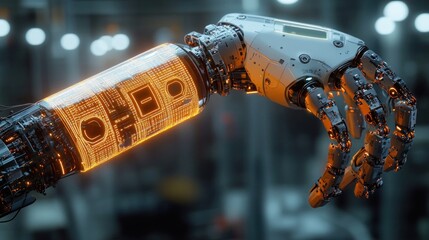 highly detailed robotic hand and forearm with glowing orange circuitry in a futuristic technology setting
