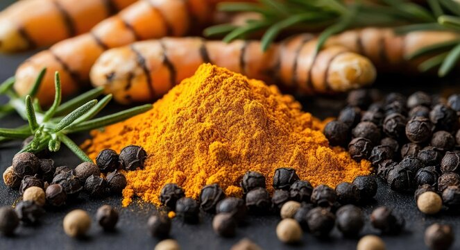 Close-up of vibrant orange turmeric powder surrounded by whole turmeric roots, black peppercorns, white peppercorns, and fresh rosemary sprigs on dark surface