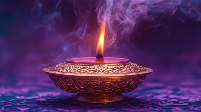 Decorative brass oil lamp with glowing flame and gentle smoke on purple textured fabric background evoking calm and serenity