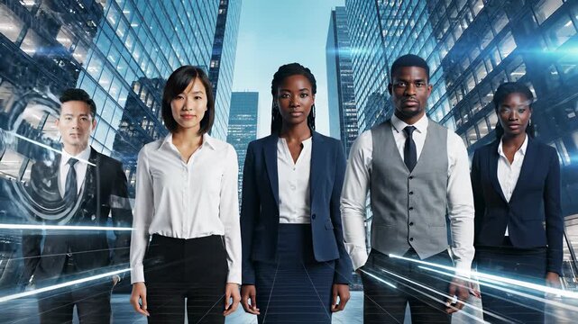 Business Professionals Collaborating in Modern Cityscape, Conveying Concept of Global Connectivity and Pursuit of Success in Fast Paced Urban Environment, Ideal for Corporate Event Backgrounds.