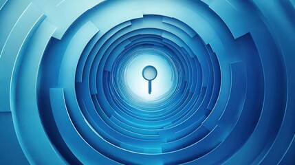Abstract blue circular tunnel with concentric rings leading to a keyhole shape glowing in the center, representing mystery and security