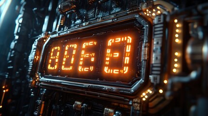 Close-up of a glowing digital countdown timer with orange lights embedded in a complex futuristic black metallic machine panel
