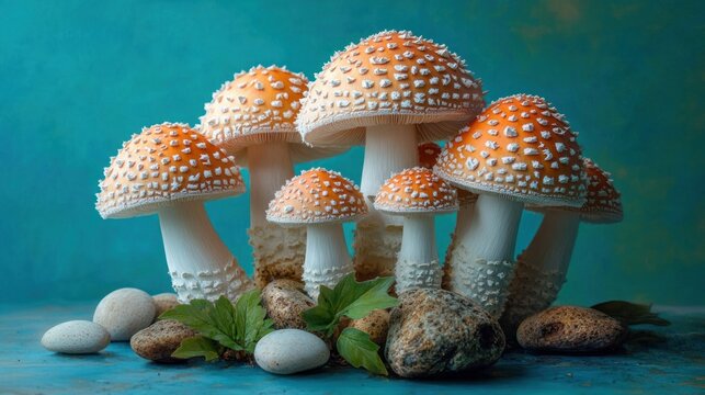 Cluster of vibrant orange mushrooms with white spots growing among smooth stones and green leaves against a textured turquoise background