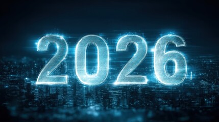 Futuristic Digital Representation of the Year 2026 with Glowing Effects Over a Cityscape Background