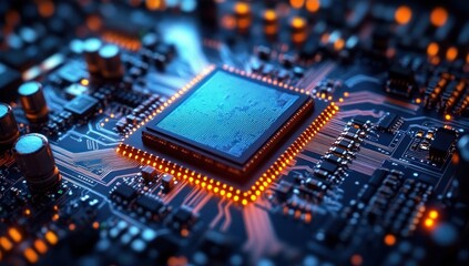 Close-up of a glowing computer microchip on a circuit board surrounded by electronic components emitting blue and orange lights, symbolizing advanced technology