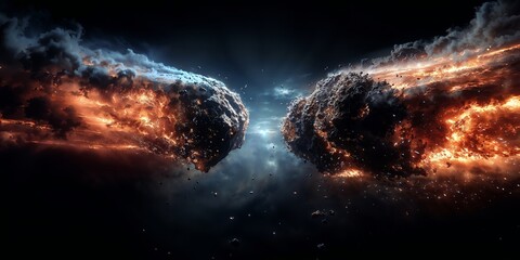 Epic Space Collision Between Two Fiery Asteroids With Blue Nebula Glow