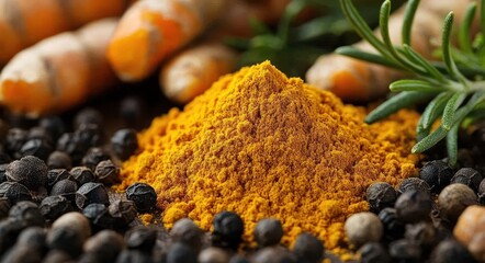 Close-up of vibrant golden turmeric powder surrounded by black peppercorns, fresh turmeric roots, and green rosemary sprigs conveying natural freshness and earthy aroma